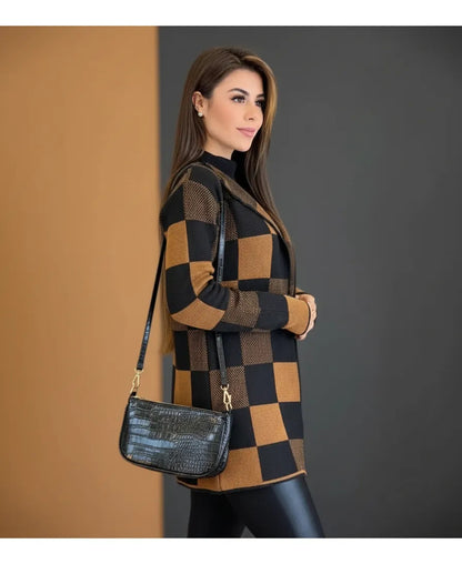 Casaco Cardigan Xadrez Tricot Blusa De Frio Kimono Inverno