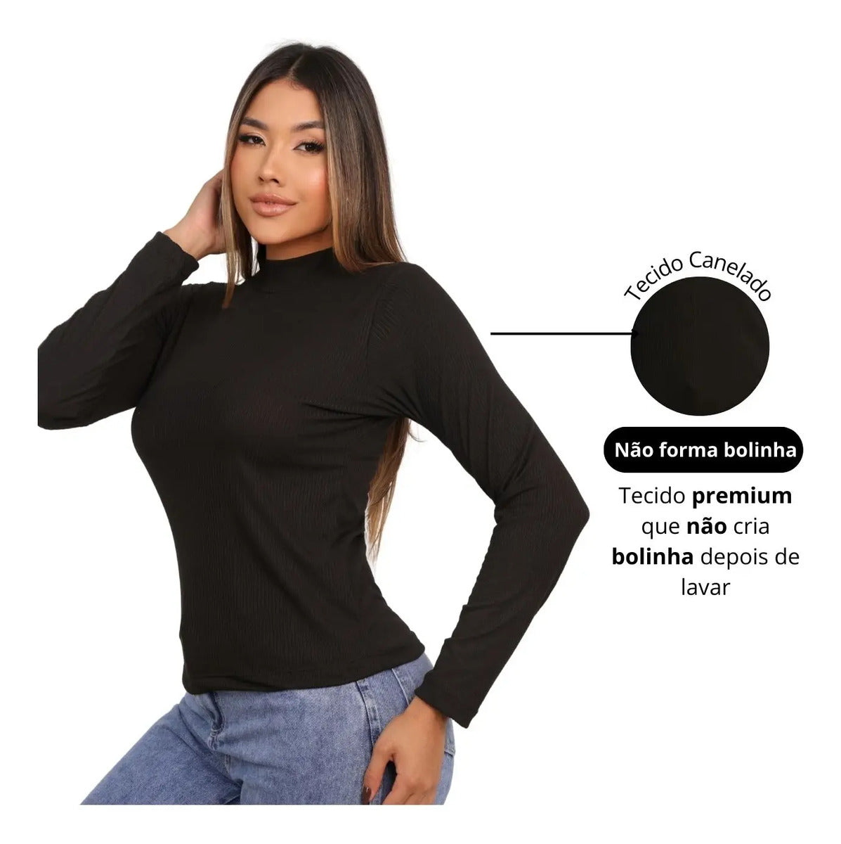 Blusa Feminina Canelada Gola Alta Manga Comprida Cacharrel