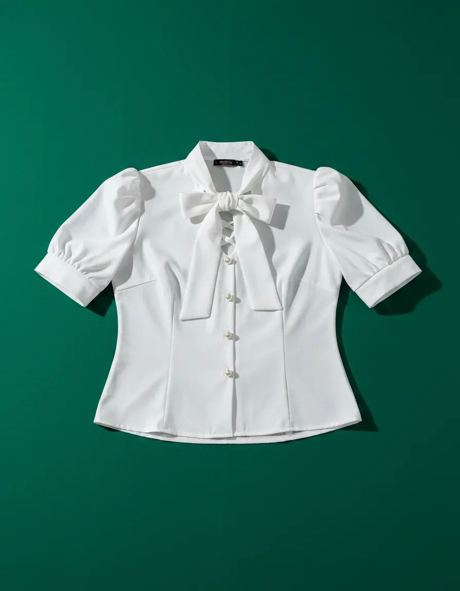 Blusa Camisa Social Romântica Laço E Botões De Pérola Manga