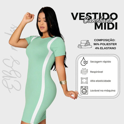 Vestido Canelado Curto Com Manga Casual Básico Modelador