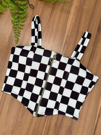Cropped Zipper Corset Xadrez Balada Country Luxo Premium