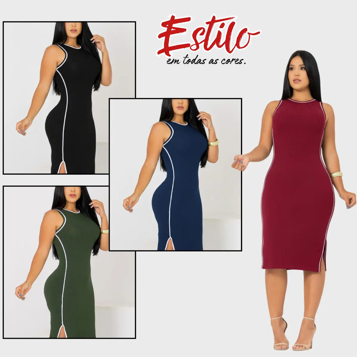 Vestido Midi Canelado Premium Regata Casual Básico Modelador