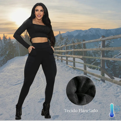 Calça Montaria Forrada Flanelada Com Bolso Feminina Grossa