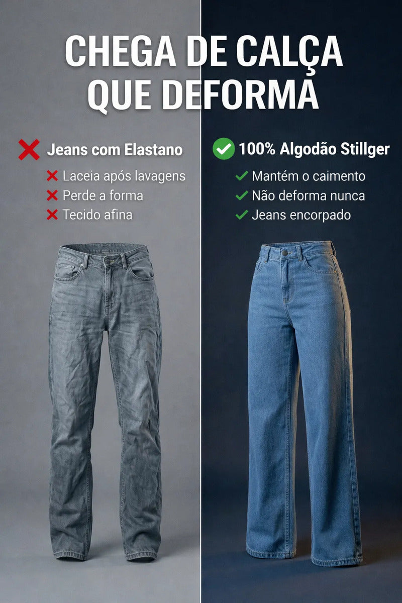 Calça Jeans Wide Leg Feminina Cintura Alta Sem Lycra Stillge