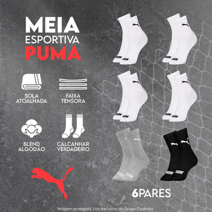 6 Pares Meias Puma Cano Médio Alto Atoalhada Academia Sport