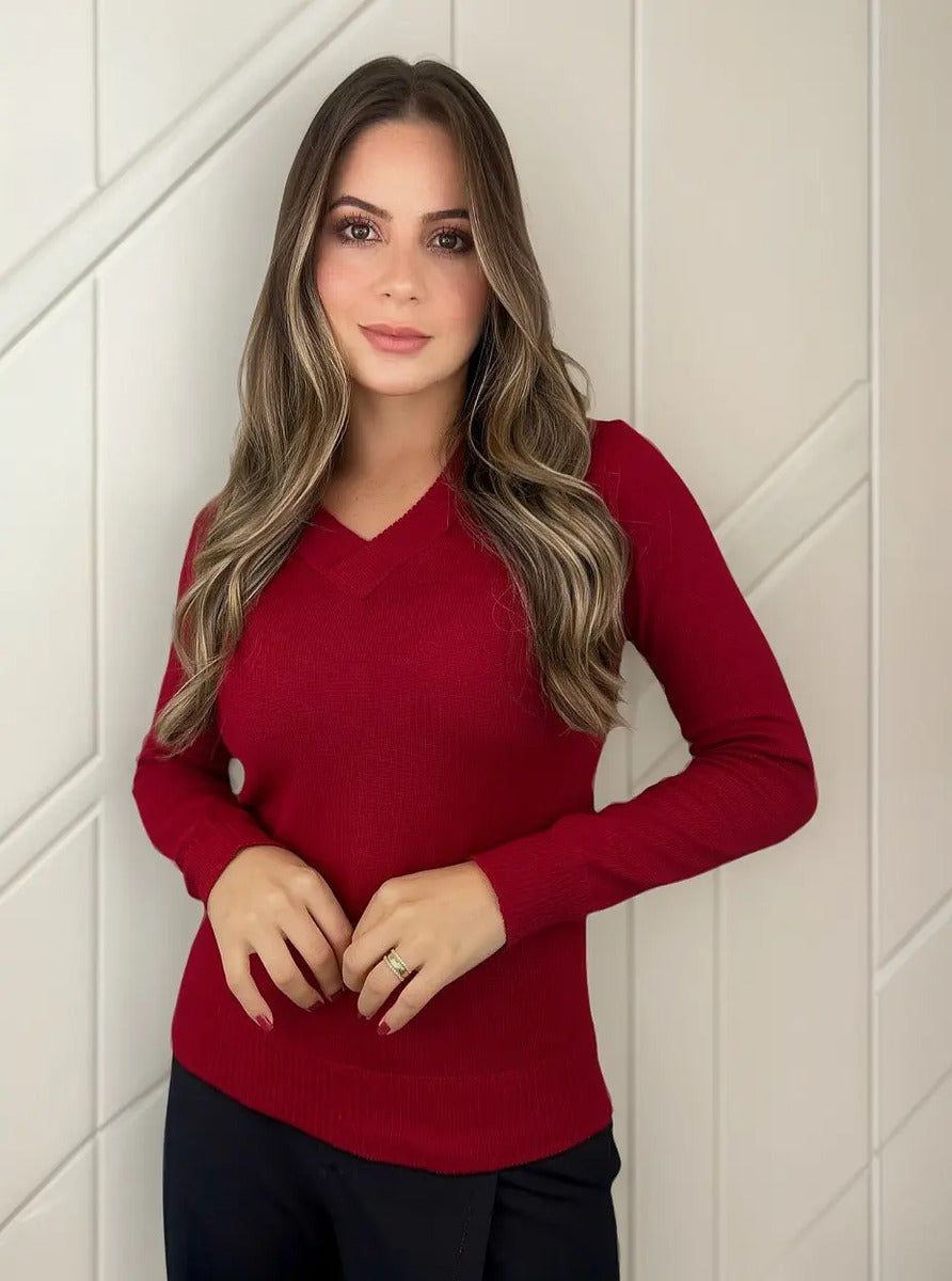 Blusa Trico Basica De Frio Feminina Decote V Manga Longa