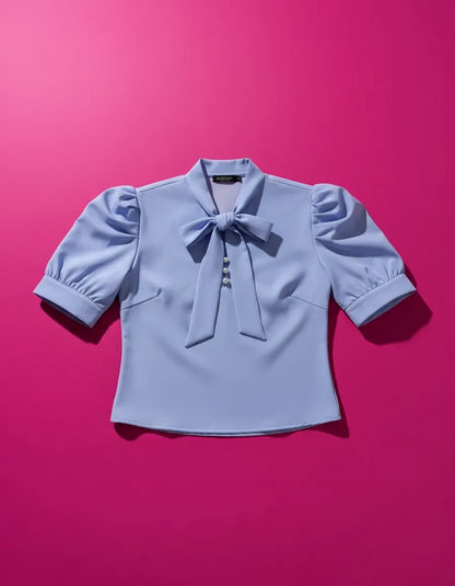 Blusa Camisa Social Romântica Laço E Botões De Pérola Manga