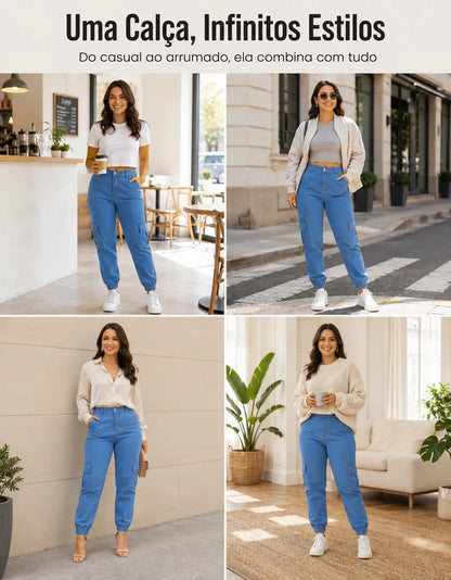 Calça Cargo Jogger Jeans Feminina Cintura Alta Com Lycra