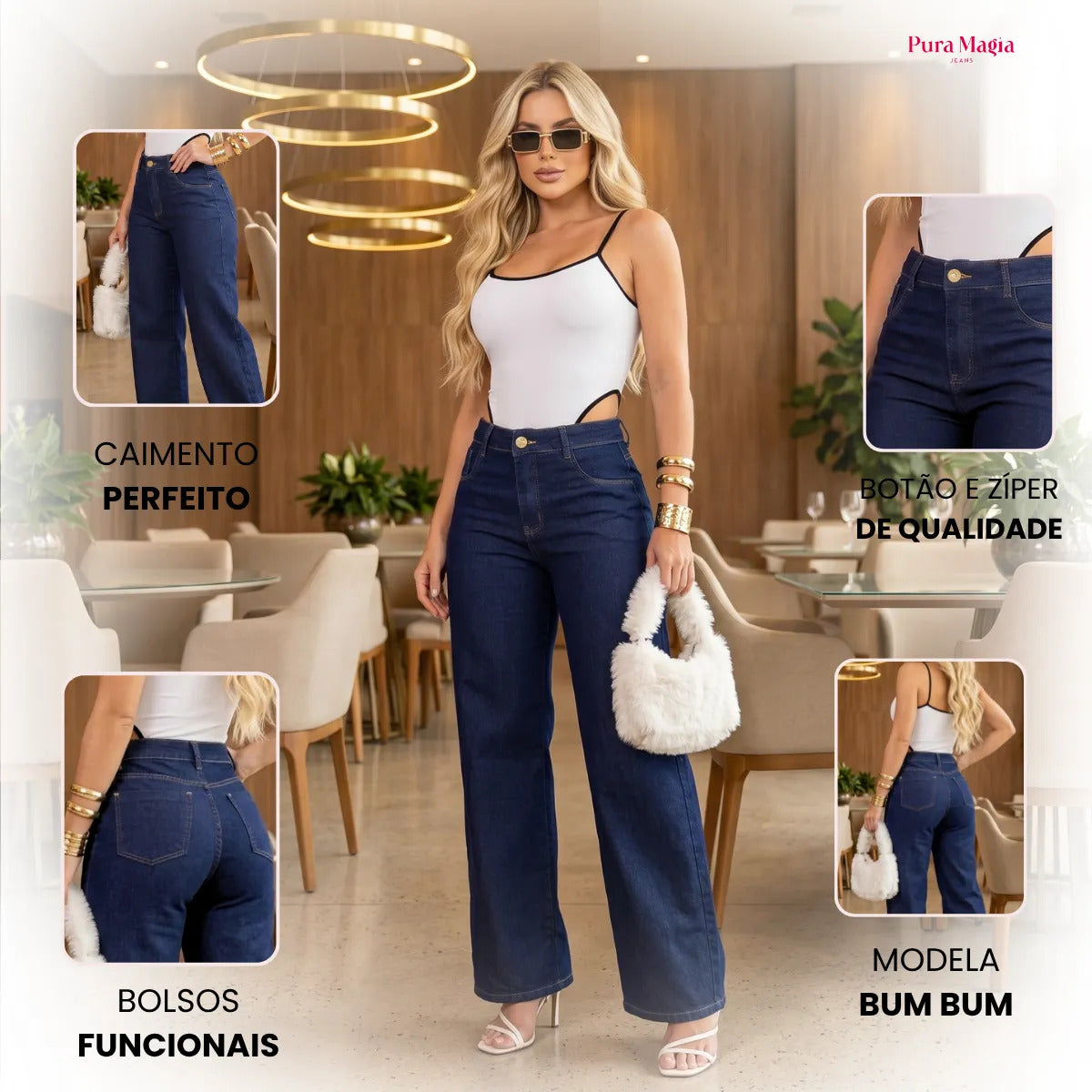Calça Jeans Wide Leg Feminina Cintura Alta Caimento Perfeito