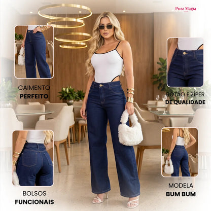 Calça Jeans Wide Leg Feminina Cintura Alta Caimento Perfeito