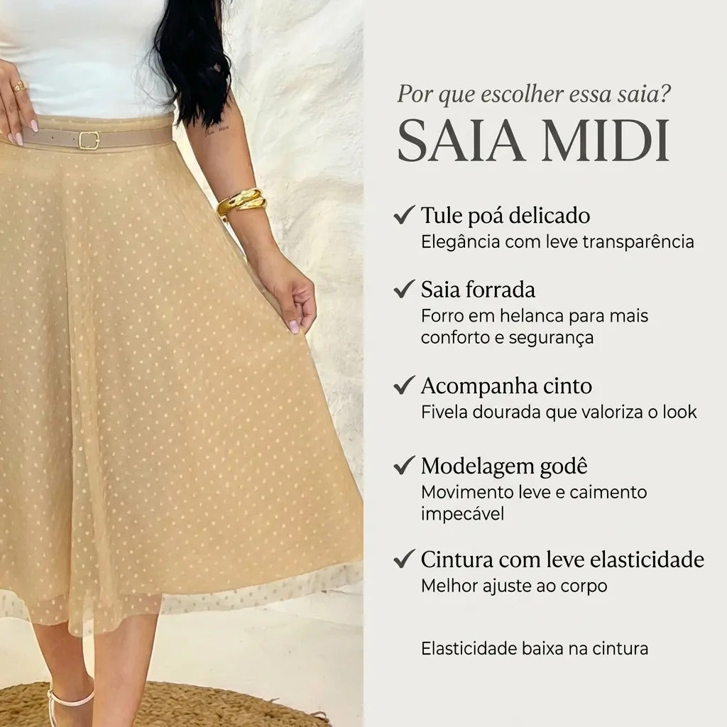 Saia Moda Evangélica Godê De Tule Mídi Com Cinto Moda Cristã