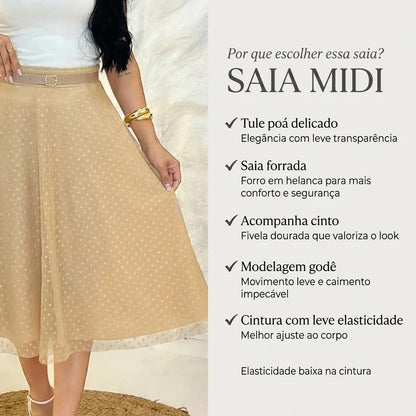 Saia Moda Evangélica Godê De Tule Mídi Com Cinto Moda Cristã