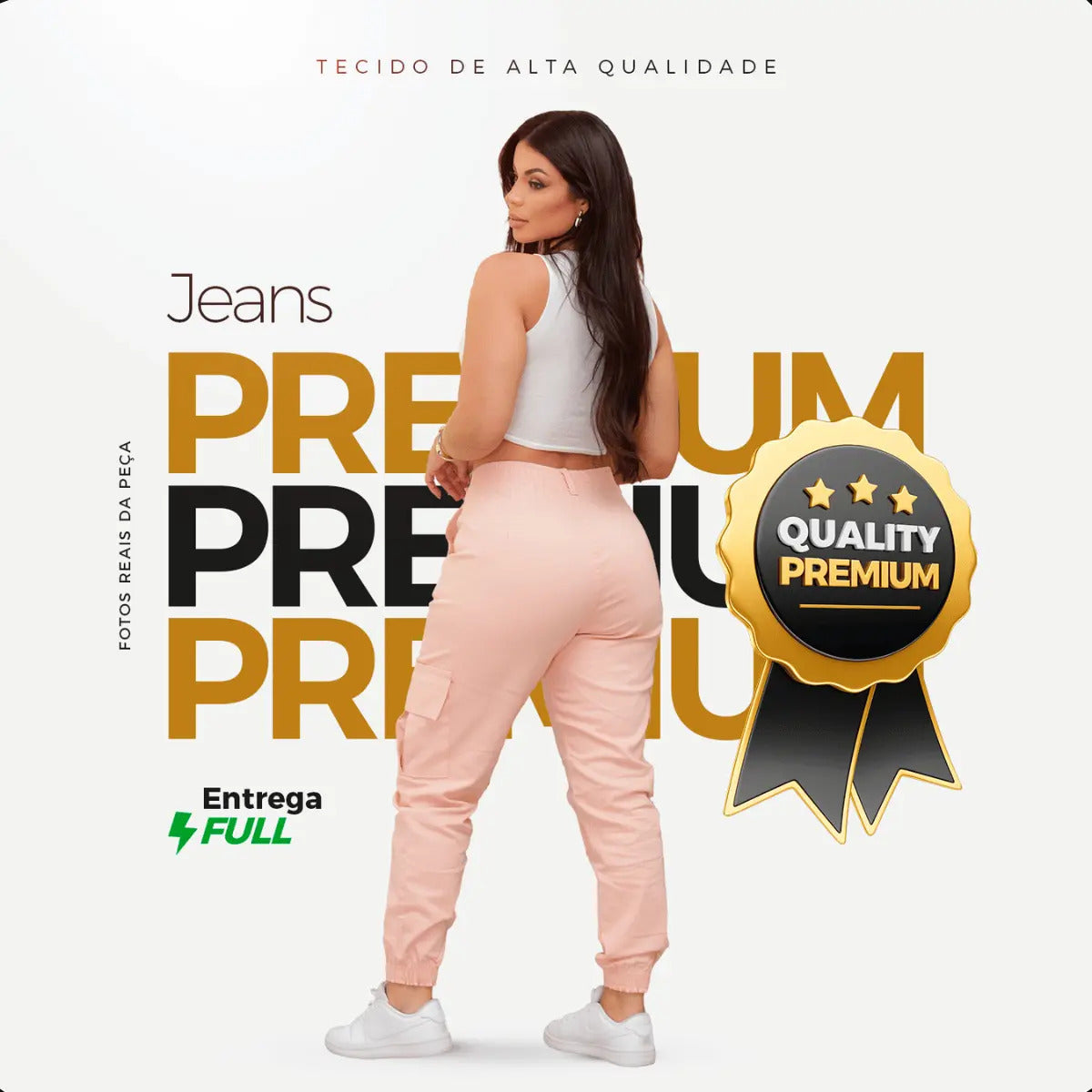 Calça Cargo Jogger Jeans Feminina Cintura Alta Com Lycra
