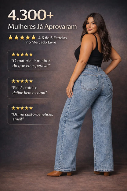 Calça Plus Size Jeans Feminina Wide Leg Levanta Bumbum