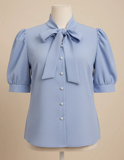 Blusa Camisa Social Romântica Laço E Botões De Pérola Manga