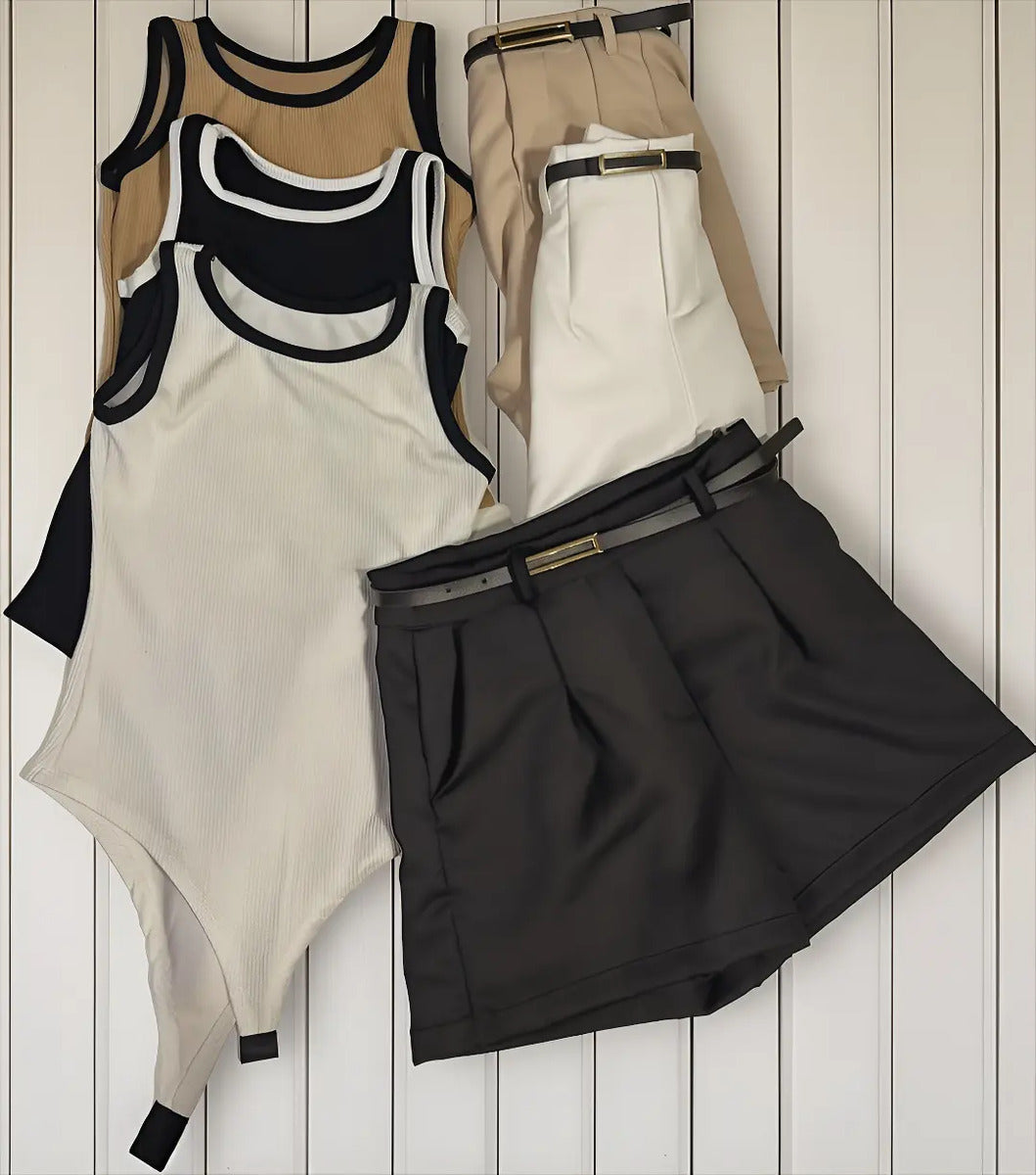 Kit 3 Shorts Alfaiataria 3 Body Canelado Preto Bege Branco