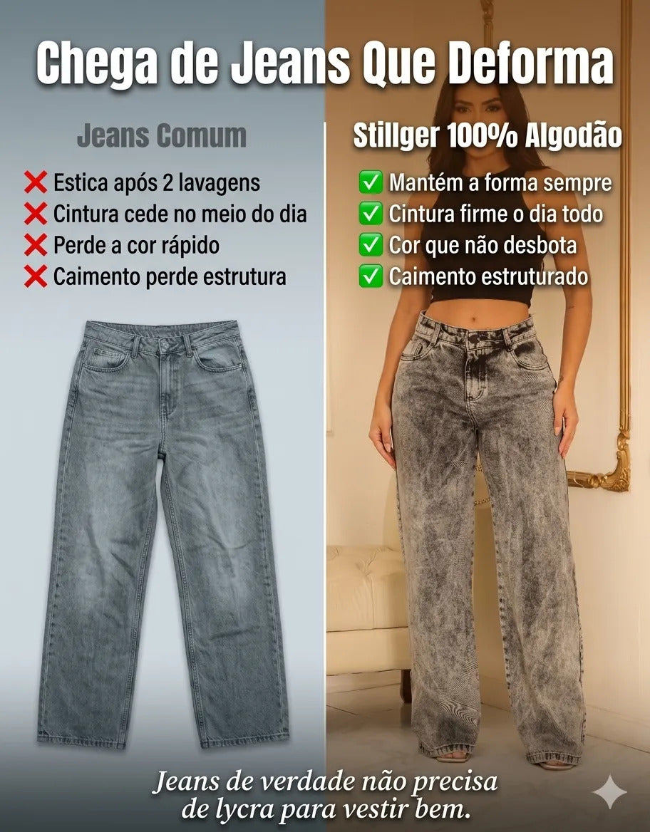 Calça Jeans Wide Leg Feminina Cintura Alta Sem Lycra Stillge