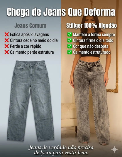 Calça Jeans Wide Leg Feminina Cintura Alta Sem Lycra Stillge