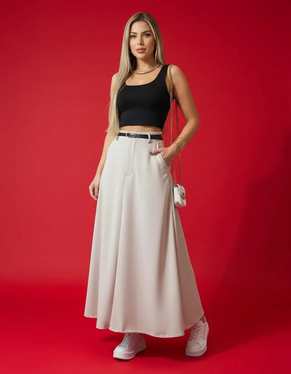 Saia Feminina Longa Com Cinto Alfaiataria Com Bolso