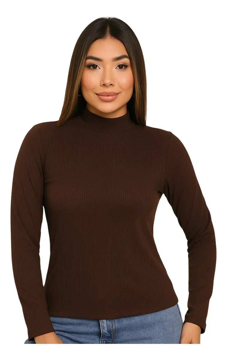 Blusa Feminina Canelada Gola Alta Manga Comprida Cacharrel