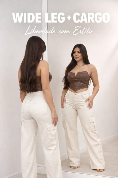 Calça Cargo Feminina Wide Leg Cintura Alta Jeans  Stillger
