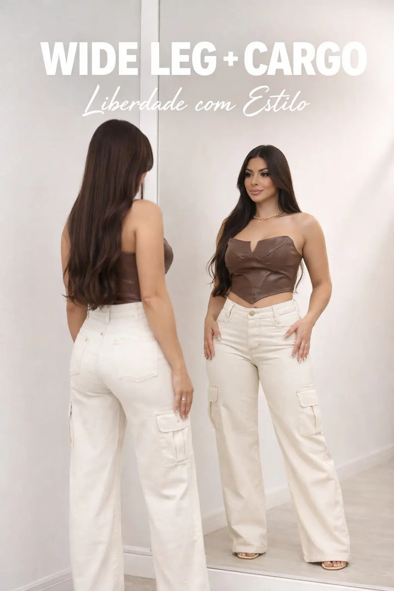 Calça Cargo Feminina Wide Leg Cintura Alta Jeans  Stillger