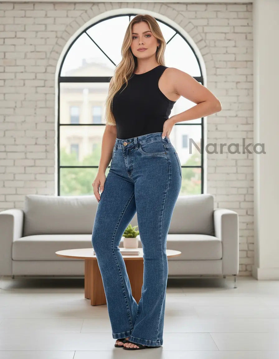 Calça Jeans Flare Feminina Cintura Alta Com Elastano