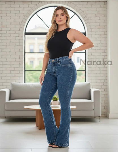 Calça Jeans Flare Feminina Cintura Alta Com Elastano