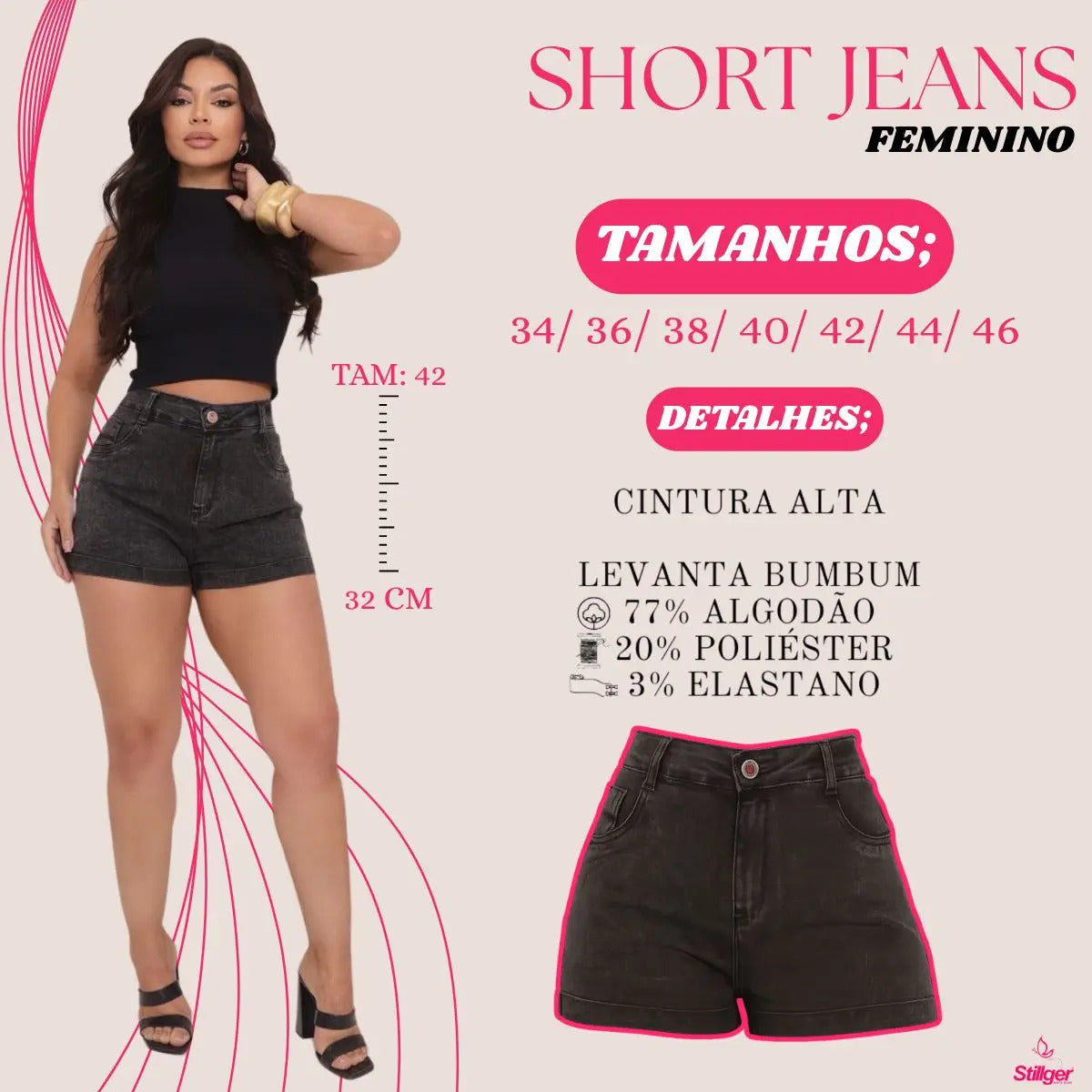 Short Jeans Feminino Cintura Alta C/ Lycra Hot Pant Stillger