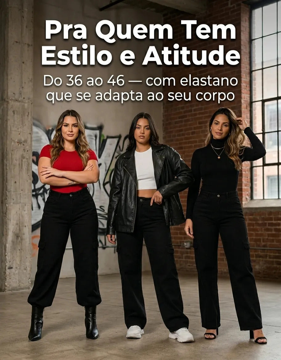 Calça Cargo Feminina Wide Leg Cintura Alta Jeans  Stillger