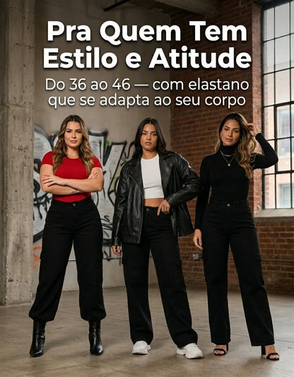 Calça Cargo Feminina Wide Leg Cintura Alta Jeans  Stillger