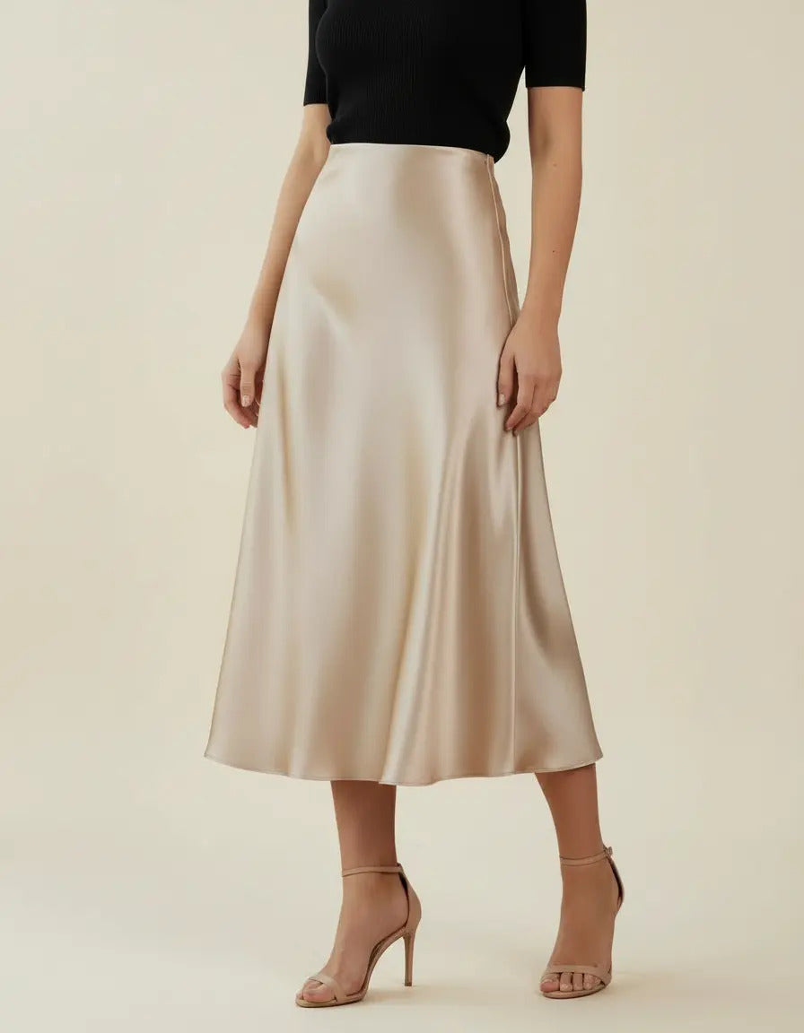 Saia Cetim Feminina Midi Brilho Moda Elegante Full