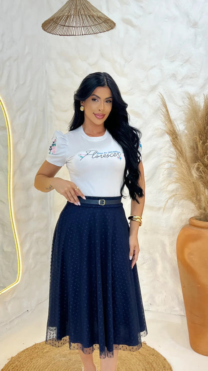 Saia Moda Evangélica Godê De Tule Mídi Com Cinto Moda Cristã