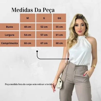 Blusa Feminina Regata Gola Alta Plissada Elegante