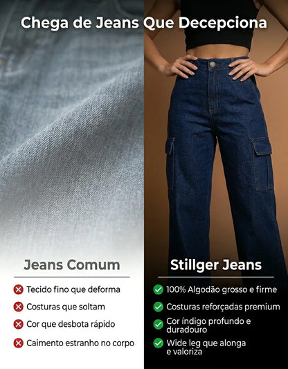 Calça Cargo Feminina Wide Leg Cintura Alta Jeans  Stillger
