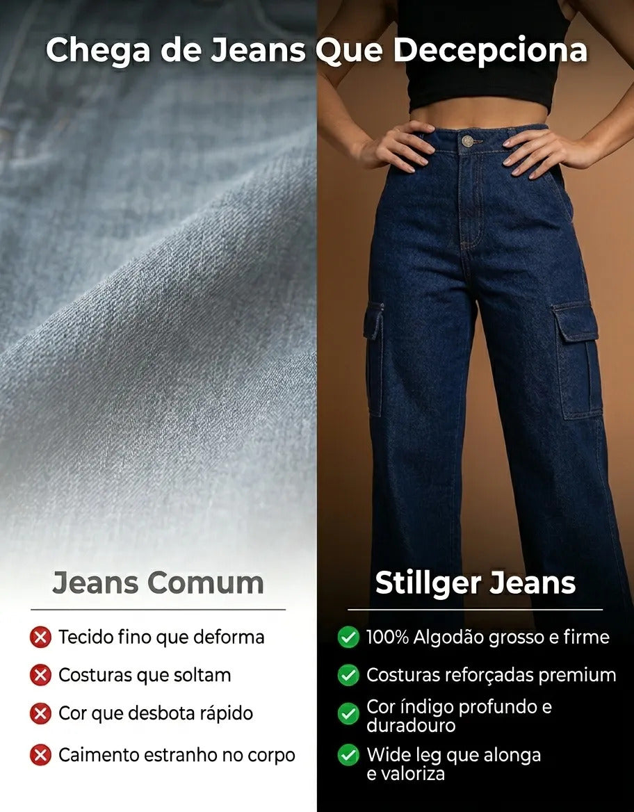 Calça Cargo Feminina Wide Leg Cintura Alta Jeans  Stillger