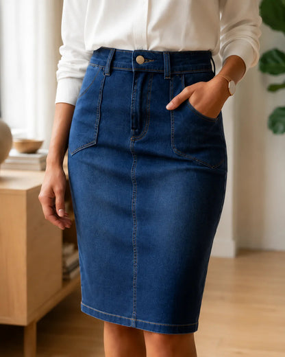 Saia Jeans Midi Lápis Belo Fio Cintura Alta Lycra Elegante