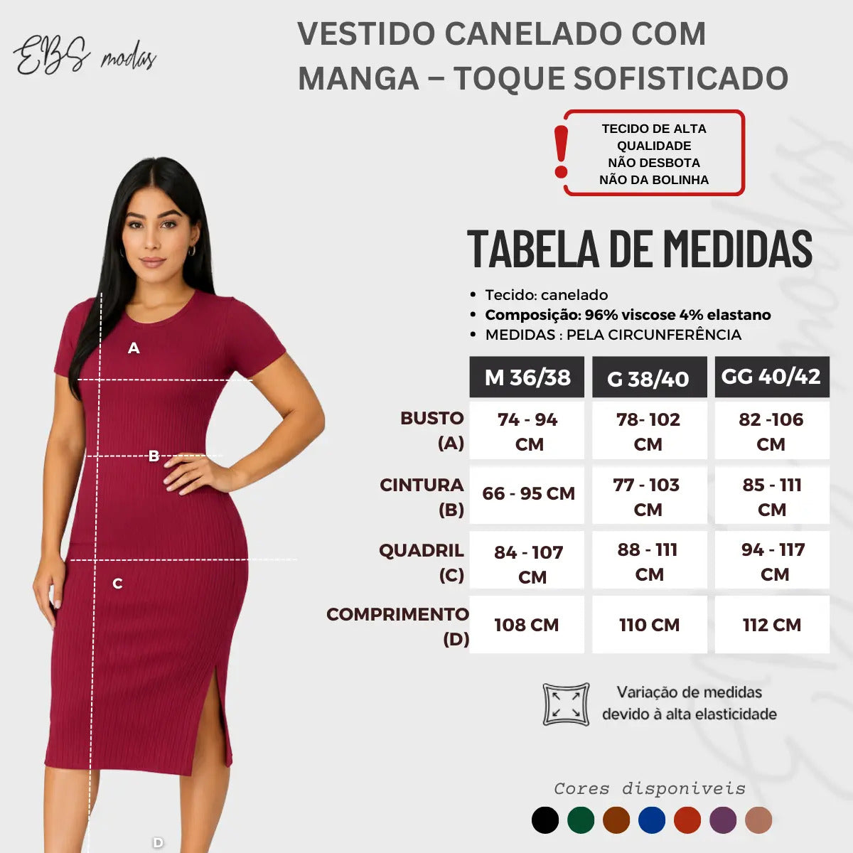 Vestido Canelado Midi Com Manga e Fenda Lateral Casual Básico