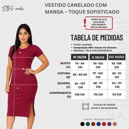 Vestido Canelado Midi Com Manga e Fenda Lateral Casual Básico