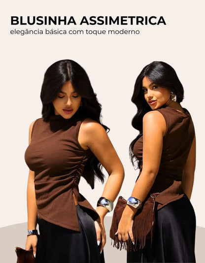 Blusa Cropped Feminina Assimétrica Ribana Canelada Premium