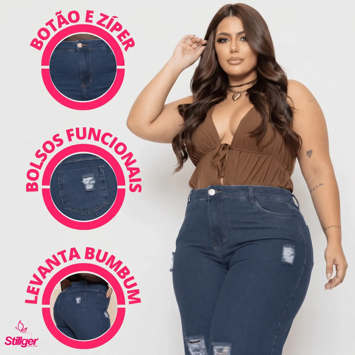 Calça Plus Size Jeans Feminina Wide Leg Levanta Bumbum