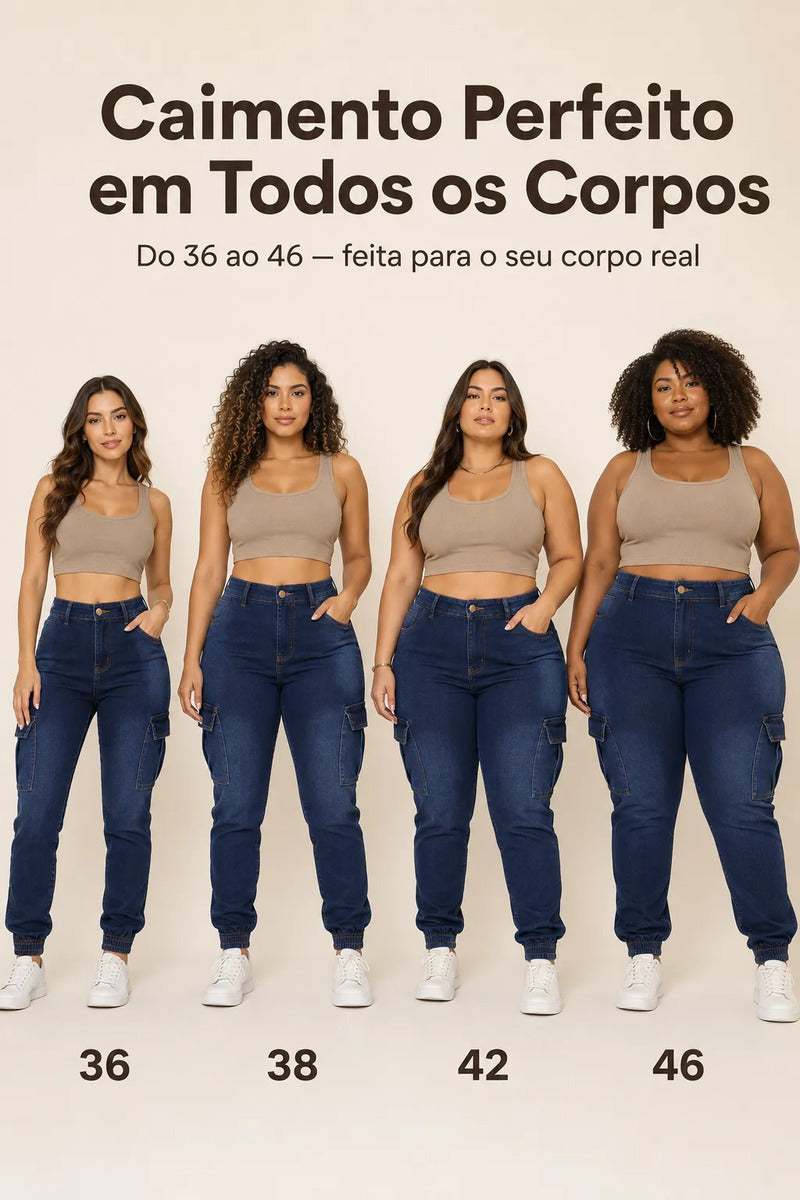 Calça Cargo Jogger Jeans Feminina Cintura Alta Com Lycra