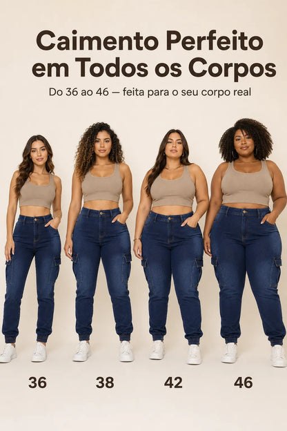 Calça Cargo Jogger Jeans Feminina Cintura Alta Com Lycra