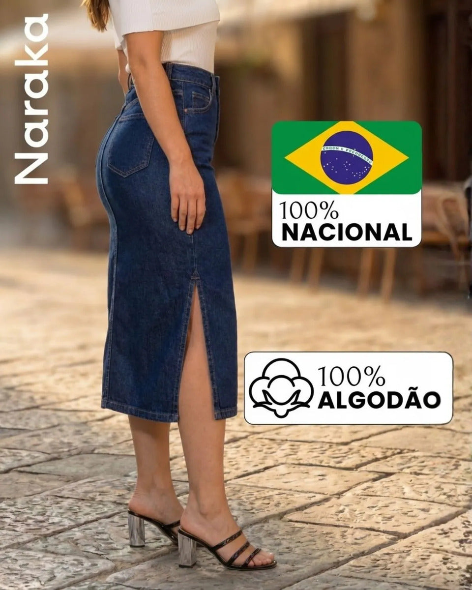 Saia Jeans Feminina Longa Midi Evangélica Cintura Alta
