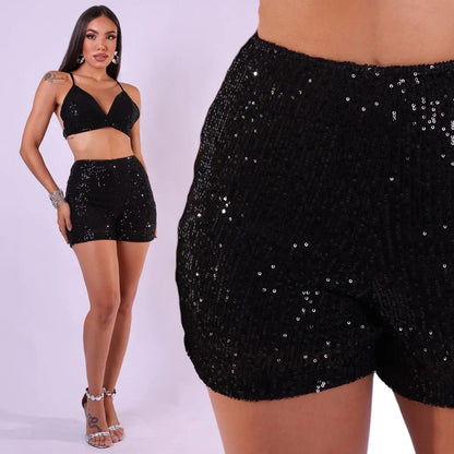 Short Bermuda Feminino Cintura Alta Paetê Balada Moda Brilho
