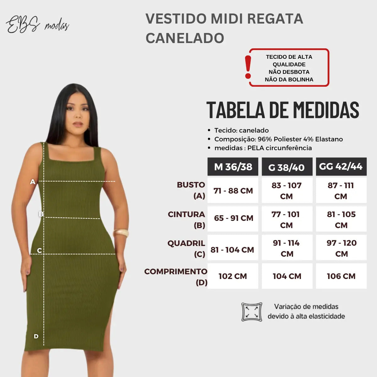 Vestido Midi Canelado Premium Com Alça E Fendas Casual Básico
