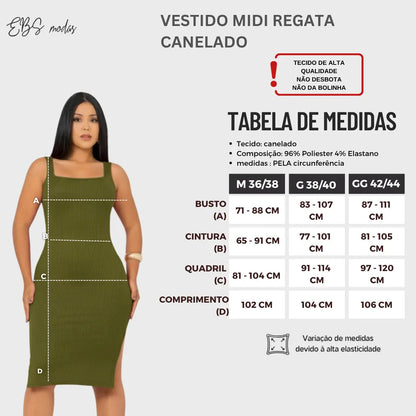 Vestido Midi Canelado Premium Com Alça E Fendas Casual Básico