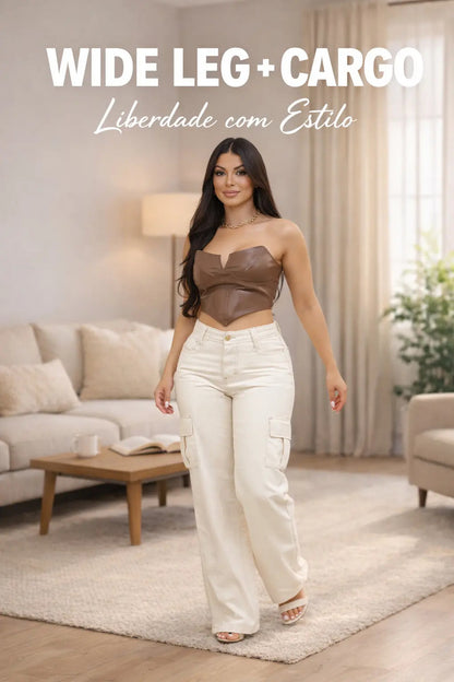 Calça Cargo Feminina Wide Leg Cintura Alta Jeans  Stillger