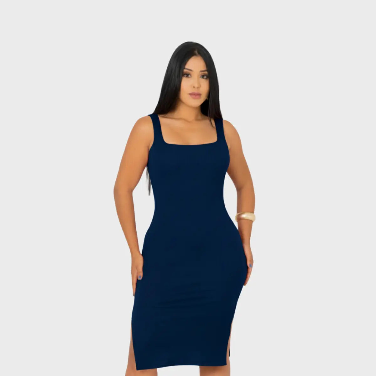 Vestido Midi Canelado Premium Com Alça E Fendas Casual Básico