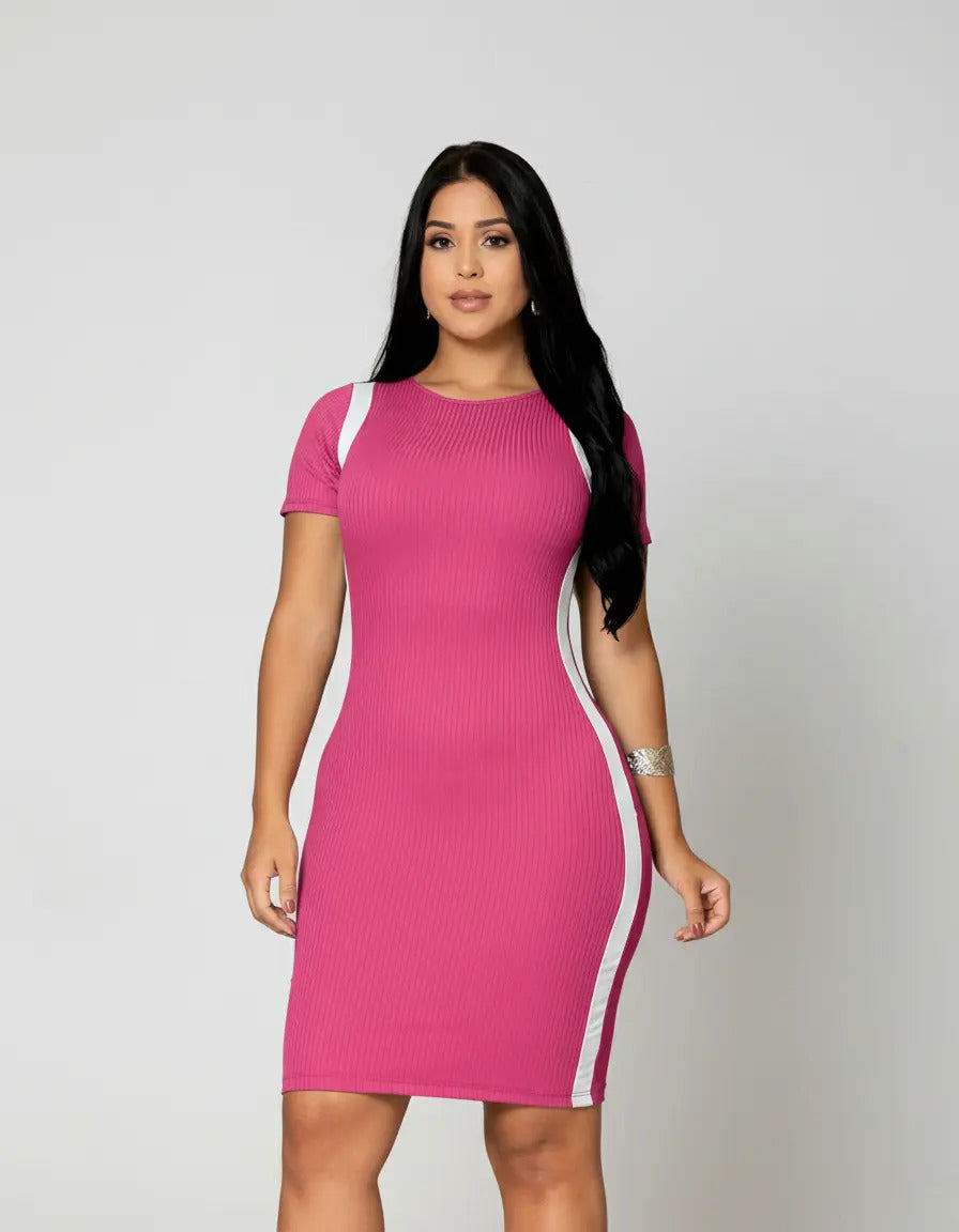 Vestido Canelado Curto Com Manga Casual Básico Modelador